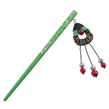Handmade Lacquered Ironwood Hair Stick w/ Embeded Shell & Tribal Tassels